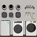 Three Modern Washing Machines Top Load And Front Load With Laundry Accessories Setup 3d model