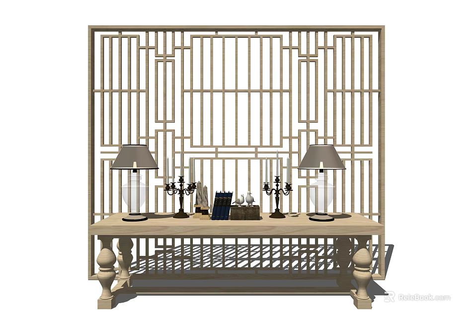 Traditional Console Table With Lattice Screen Table Lamps And Decorative Items 3d model