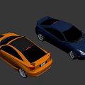 Orange Modified Sports Car Featuring Black Stripes And Dark Colored Vehicle Behind