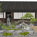 Traditional Karesansui Garden With Black Tiled Roof Wooden Structure Pine Tree Stones Gravel And Moss