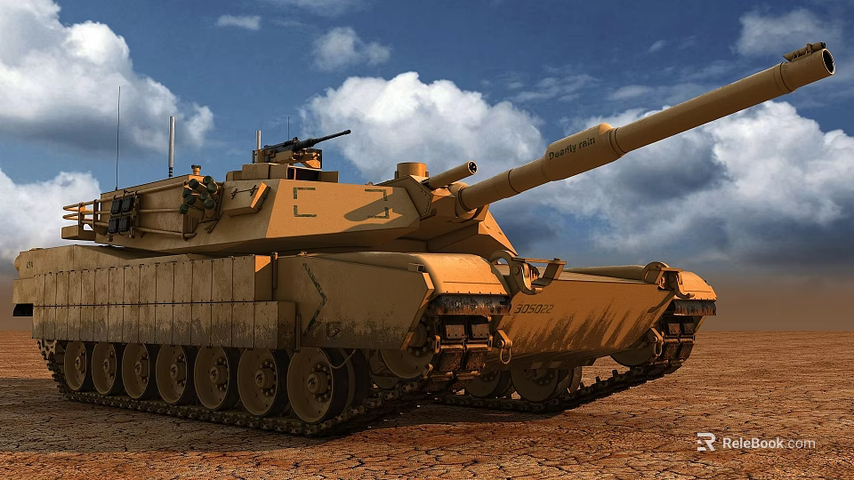 Armored Tank in Tan Desert Camouflage on Dried Land with Main Gun Turret and Tracks 3d model 