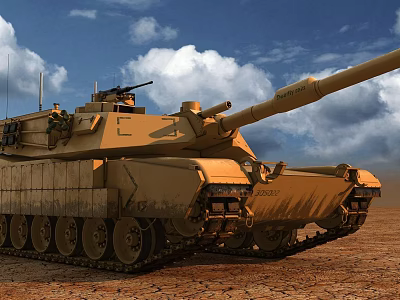 Armored Tank in Tan Desert Camouflage on Dried Land with Main Gun Turret and Tracks 3d model