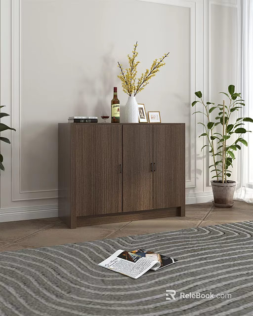 Brown Wooden Sideboard With Wine Bottle Vase Books And Photo Frame In Living Room 3d model 