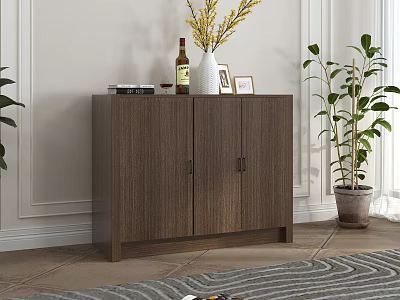 Brown Wooden Sideboard With Wine Bottle Vase Books And Photo Frame In Living Room 3d model