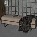 Beige Leather Sofa Bench With Black Metal Legs And Plaid Blanket On Wooden Lattice Background