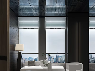 Elegant Modern Lounge Area Interior With Comfortable Sofa Large Window And City View 3d model