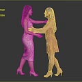 Two Women in Pink and Orange Dresses Interacting with Elegant Posture against Gray Background