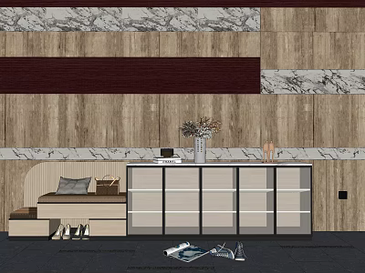 Modern Shoe Cabinet Design With Wooden Wall Marble Accents Vase Magazines And Shoes 3d model