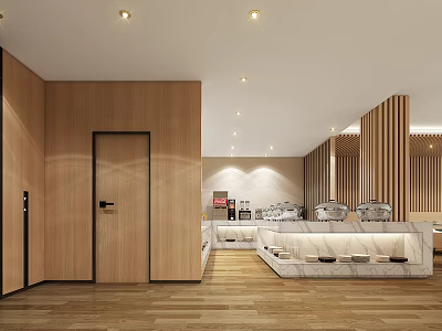 Warm Modern Restaurant Interior With Wooden Panels Open Layout Bar Counter And Recessed Lighting 3d model