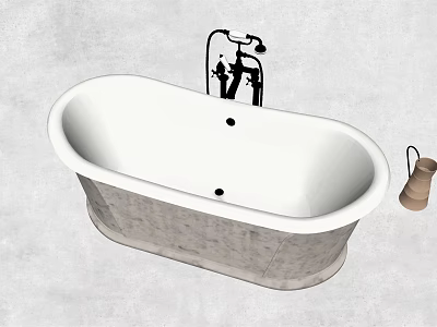 Modern Free Standing Bathtub With Gray Exterior White Interior Black Faucet And Wooden Accessory 3d model