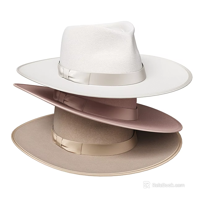 Three Stacked Hats With Different Light Tones And Satin Ribbons 3d model 