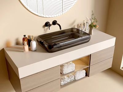 Bathroom Vanity With Black Sink Light Countertop Open Storage And Mirror 3d model