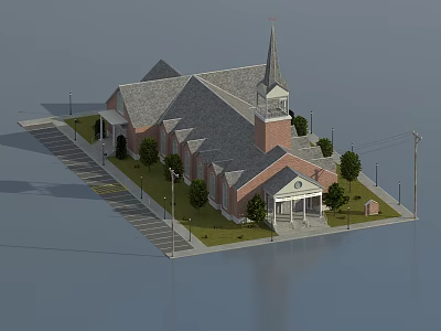 Brick Church Building With Steeple Gray Roof Green Lawn Trees And Street Lamps 3d model