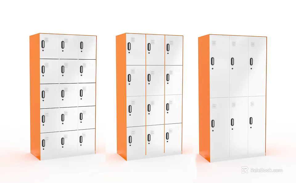 Three Modern Orange And White Bookcases With Multiple Lockable Doors And Tiered Storage Design 3d model