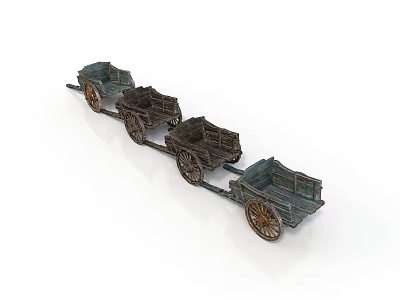 Four Old Style Wooden Carriages Connected in a Line With Wheels 3d model