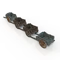Four Old Style Wooden Carriages Connected in a Line With Wheels