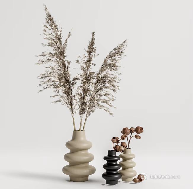 Modern Decorative Vases With Dried Pampas Grass And Smaller Vases Holding Brown Seed Pods 3d model 