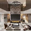 Duplex Living Room Modern Interior Design With Wooden Walls Hanging Lamp Sofa And Coffee Table