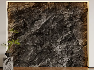 Modern Interior Rustic Rock Texture Background Wall With Decorative Plant 3d model