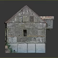 Old Wooden House Model With Red Metal Roof Worn Walls Mossy Exterior And Stone Base