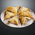 Golden Fried Dumplings Triangular Shape Arranged On White Plate With Crispy Skin 3d model