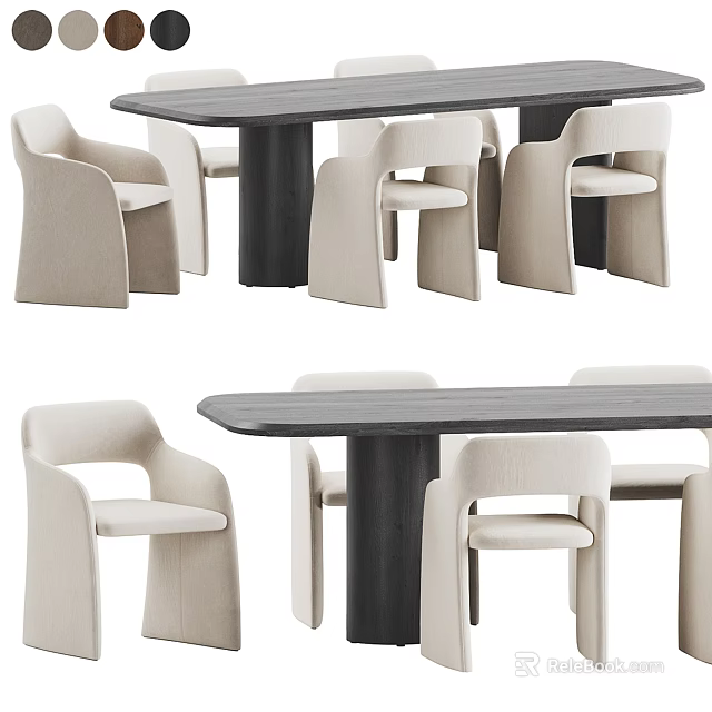 Modern Dining Table Set With Light Beige Armchairs And Dark Wood Table Design 3d model 