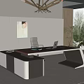 Elegant Modern Office Desk With Ergonomic Chair Laptop Artwork Large Windows And Trees Outside