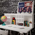 White Desk With Shelf Globe Books USA Sign And White Chair On Striped Rug