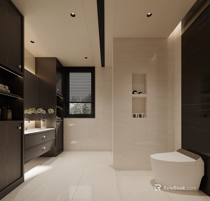 Modern Bathroom Interior Design With Black Cabinets White Tiles Vanity And Toilet 3d model 