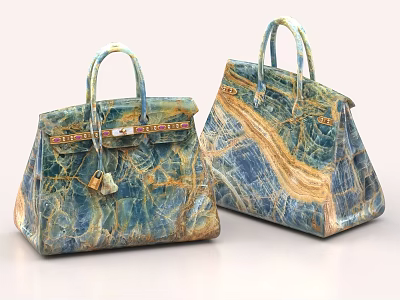 Luxury Handbags With Blue Gold Marble Texture And Lock Detail 3d model