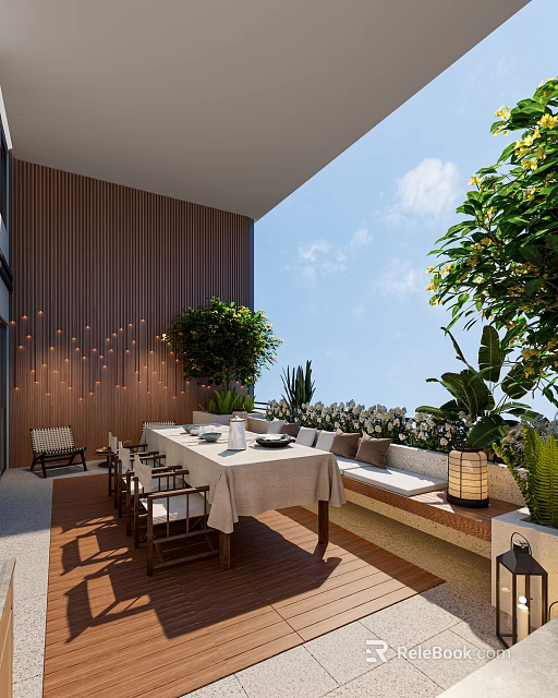 Terrace Garden With Wooden Wall Dining Table Plants Bench Sky And Clouds 3d model 