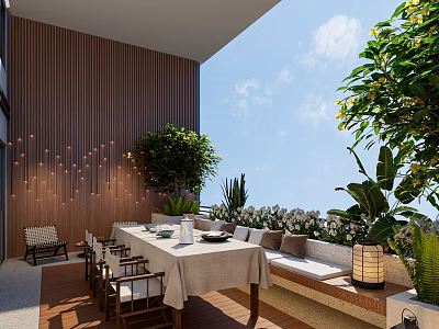 Terrace Garden With Wooden Wall Dining Table Plants Bench Sky And Clouds 3d model