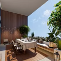 Terrace Garden With Wooden Wall Dining Table Plants Bench Sky And Clouds