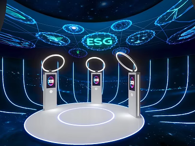 ESG Themed Display Space With Three Interactive Kiosks Circular Platform And Tech Inspired Background 3d model