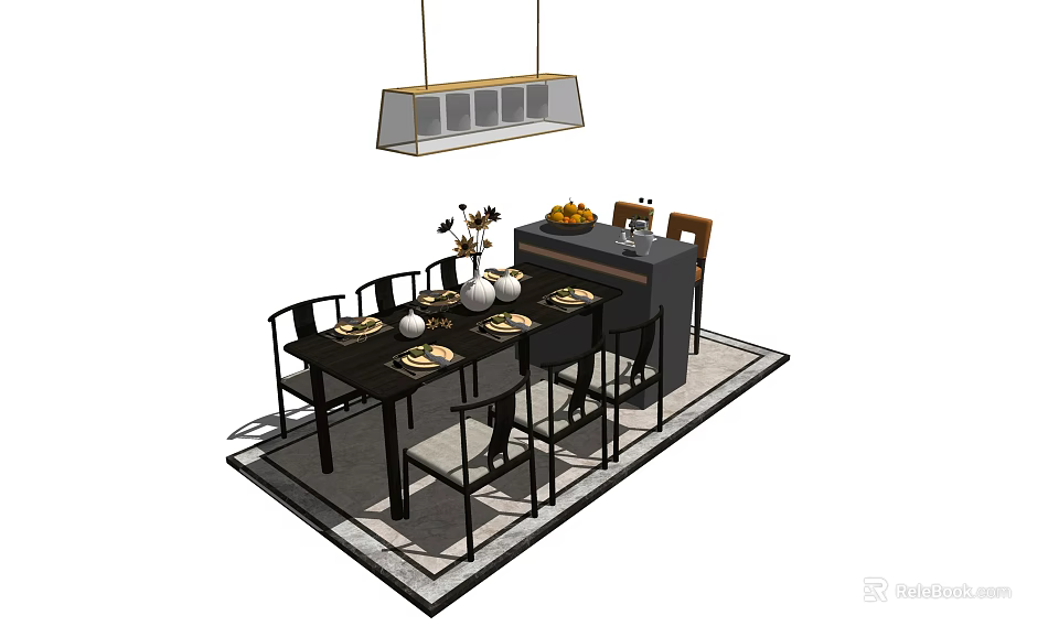 Modern Dining Table Set With Dining Chairs Tableware Flower Vase Pendant Light And Rug 3d model 
