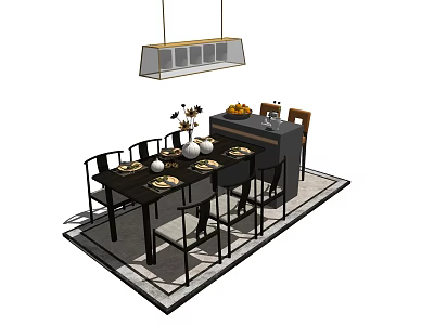 Modern Dining Table Set With Dining Chairs Tableware Flower Vase Pendant Light And Rug 3d model