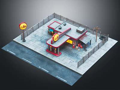 Small Commercial Building Scene With Red Roof Yellow Sign Fence And Street Lamp 3d model