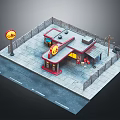 Small Commercial Building Scene With Red Roof Yellow Sign Fence And Street Lamp