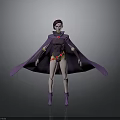 Woman With Purple Hair And Cape Wearing Dark Bodysuit Gold Trimmed Belt And Purple Boots