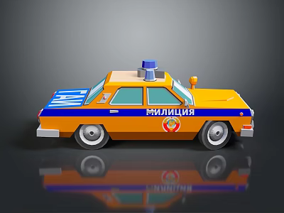 Yellow and Blue Police Car with Siren on Roof and Police Badge Design 3d model