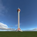 Modern Red And White Tower With Spire Top On Green Field And Blue Sky
