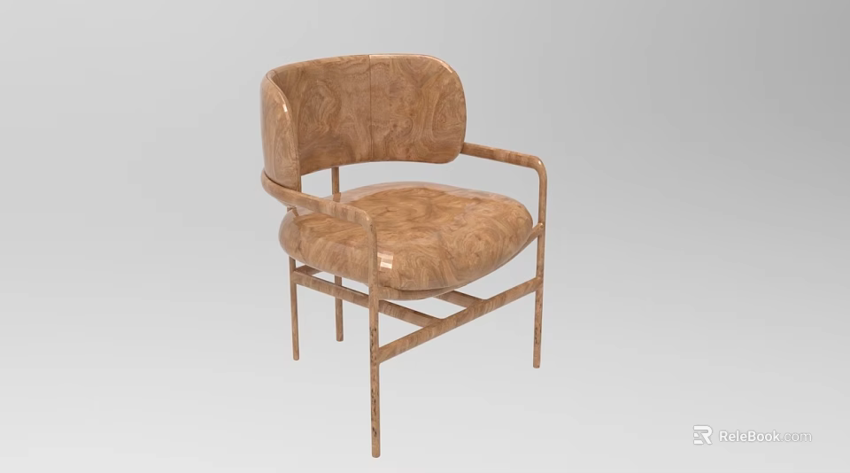 Modern Wooden Dining Chair With Curved Armrest And Smooth Wood Grain 3d model 