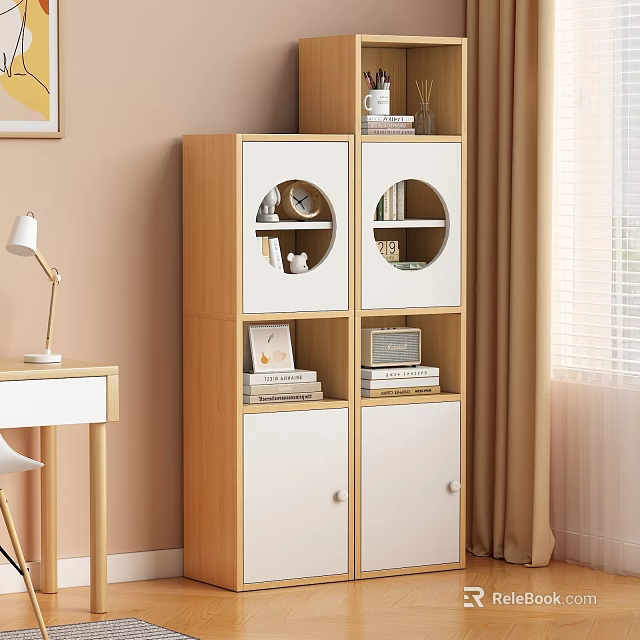Modern Wooden and White Bookcase with Round Window Design and Multiple Compartments 3d model