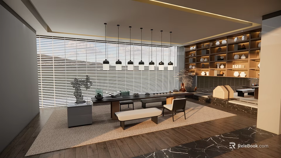Modern Tea Room Interior Design With Pendant Lights Long Table Shelves And Wooden Floor 3d model 