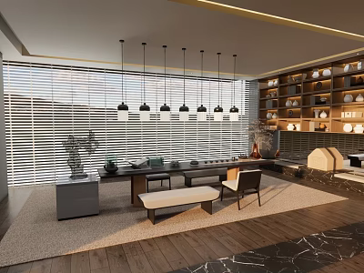 Modern Tea Room Interior Design With Pendant Lights Long Table Shelves And Wooden Floor 3d model