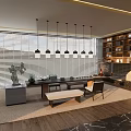 Modern Tea Room Interior Design With Pendant Lights Long Table Shelves And Wooden Floor