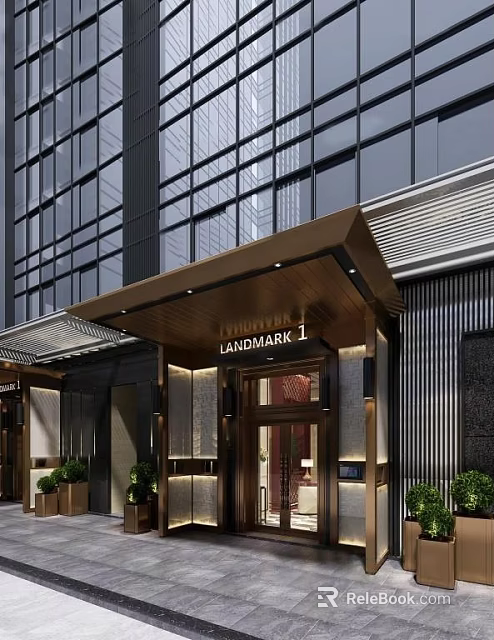 Modern Shopping Mall Store Exterior With Glass Curtain Walls Wooden Awning And Entrance Plant Decorations 3d model 
