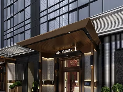 Modern Shopping Mall Store Exterior With Glass Curtain Walls Wooden Awning And Entrance Plant Decorations 3d model