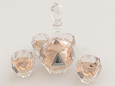 Gourmet Food With Pink Crystal Wine Decanter And Diamond Cut Glasses 3d model