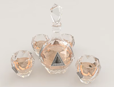 Gourmet Food With Pink Crystal Wine Decanter And Diamond Cut Glasses 3d model